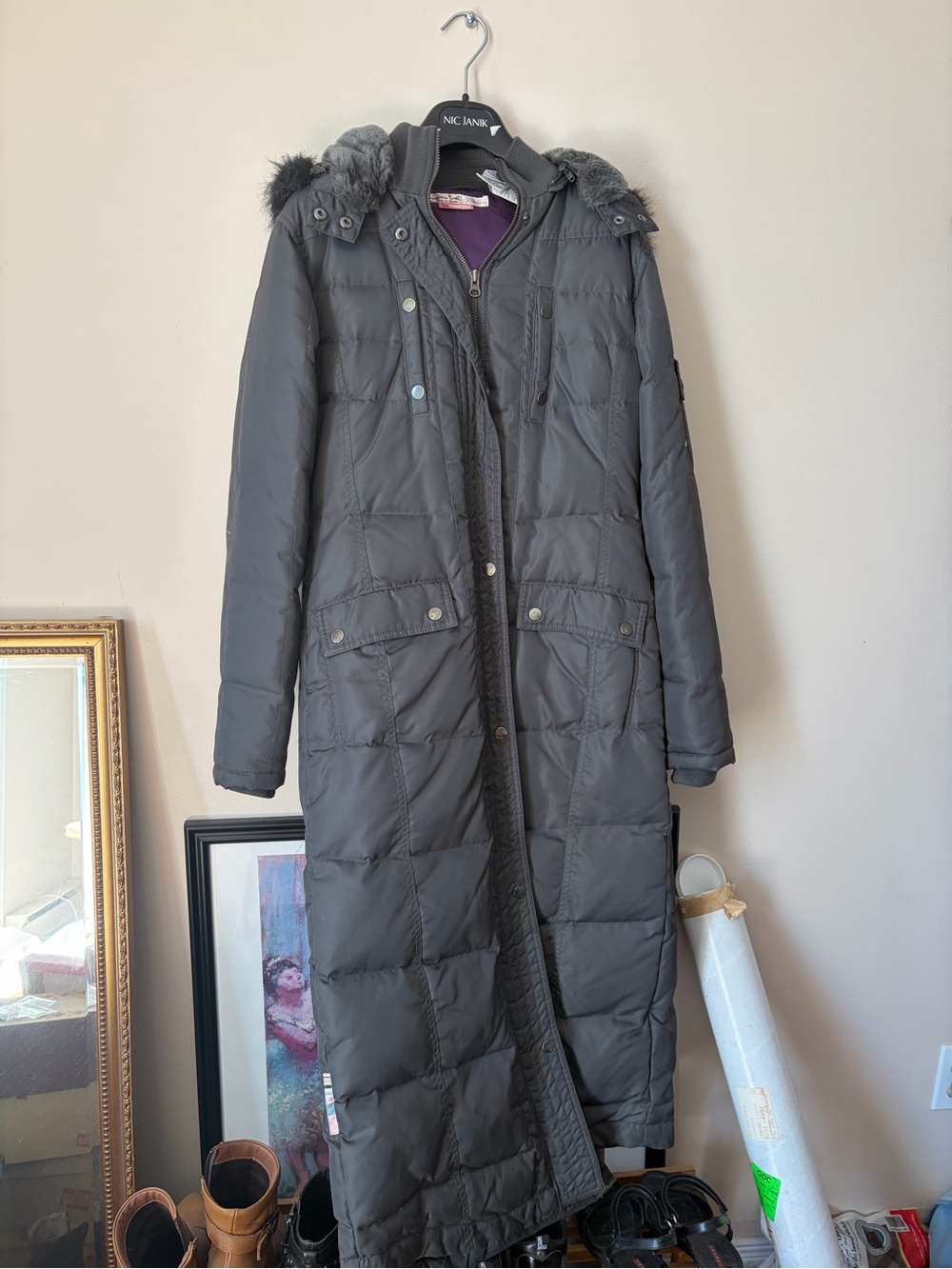 Triple 5 Soul - size XS. Long Quilted Hooded Winter Coat - Dark Gray